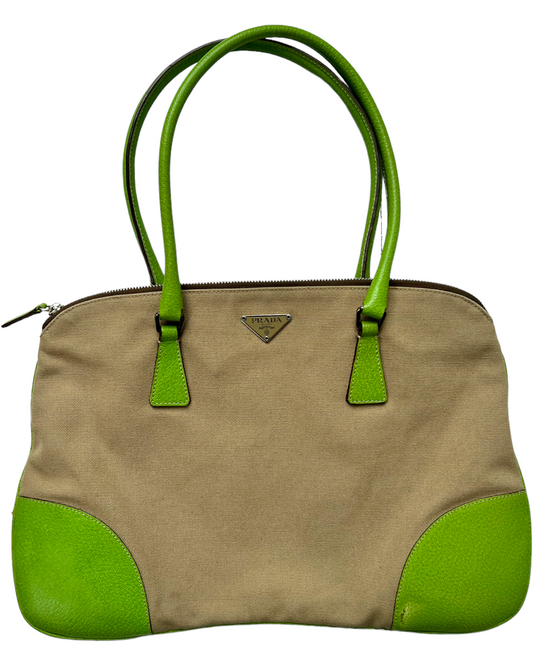 Vintage 2000 Prada Lime Green and Beige Canapa Bag