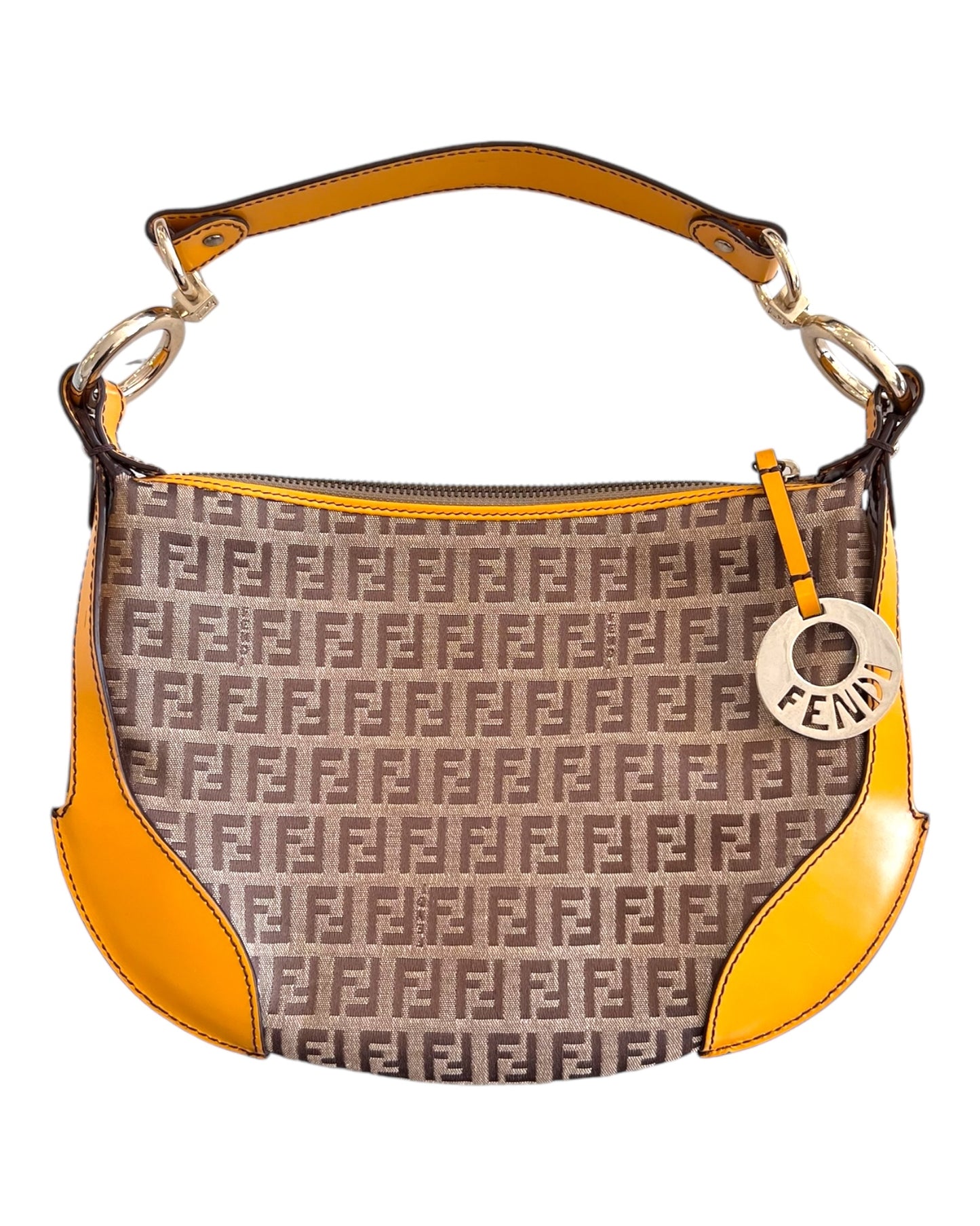 Vintage Fendi Logo Croissant Bag with yellow leather trim and silver-tone metal "FENDI" charm.