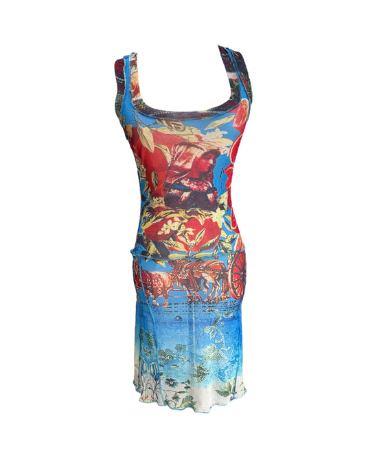 Vintage Jean Paul Gaultier Blue and Red Graphic Print Mesh Mini Dress