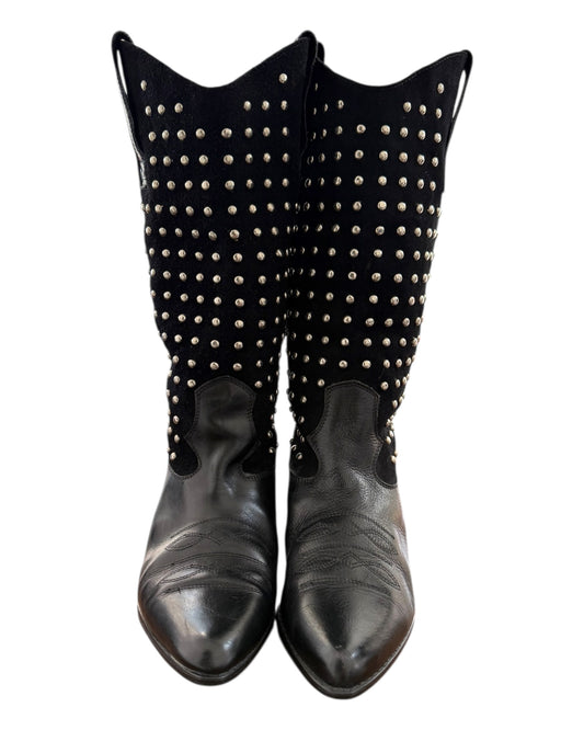 Vintage Black Suede and Leather Studded Cowboy Boots