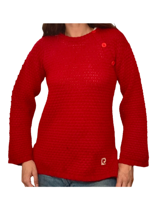 Red textured sweater with buttons on a white background