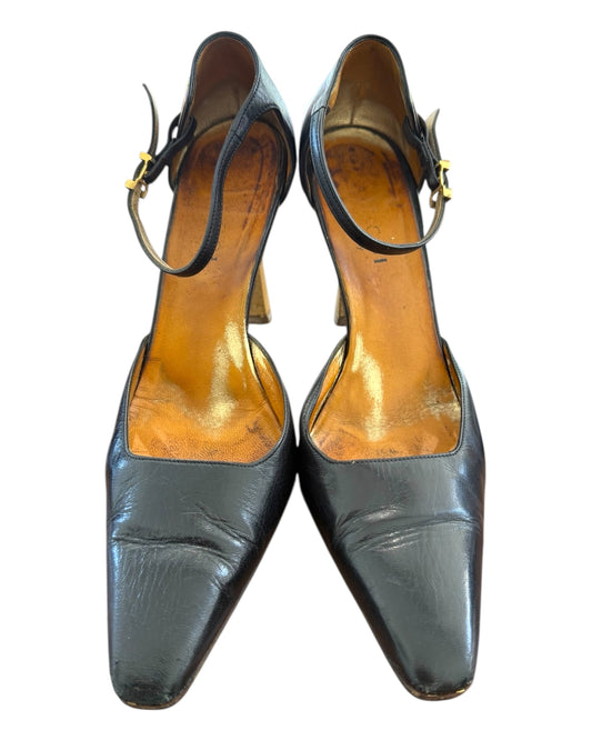 Vintage Gucci Black Pointed Toe Heels with Ankle Straps