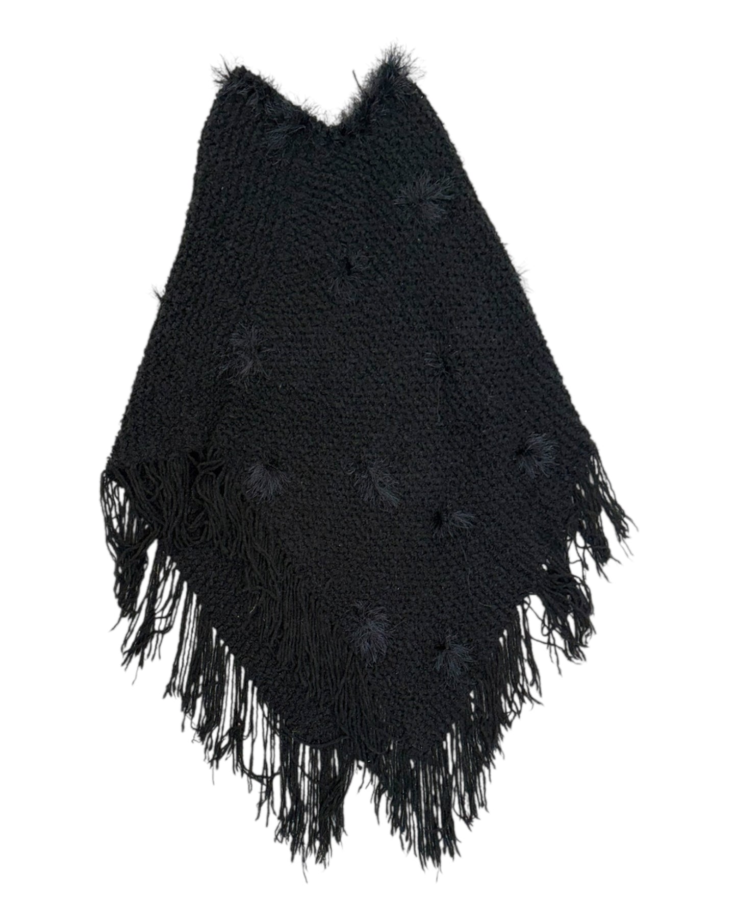 Vintage Black Knit Shawl with Fringe