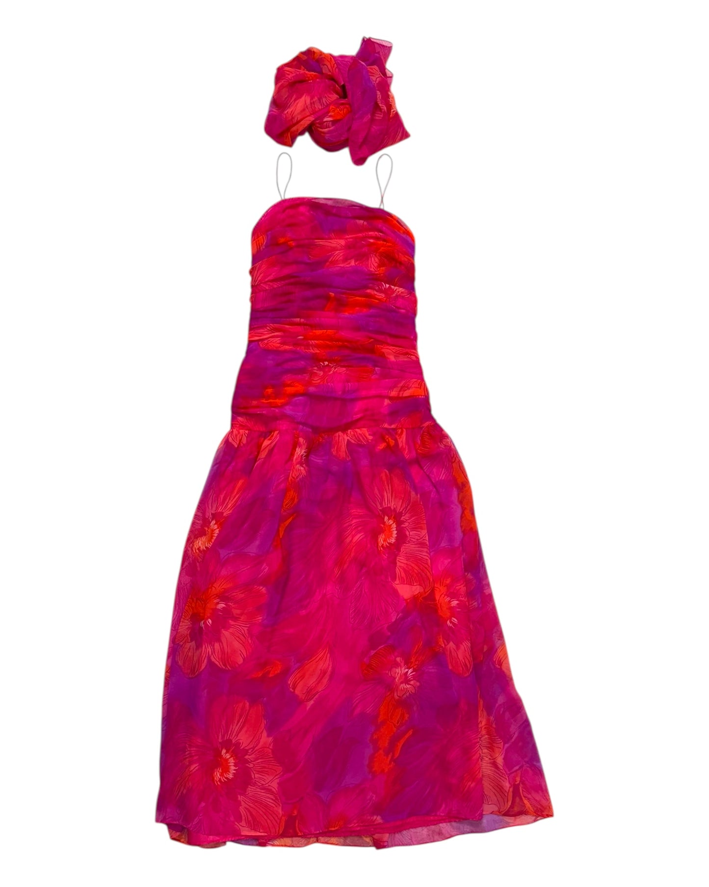 Vintage Pink and Orange Floral Maxi Dress with Scarf