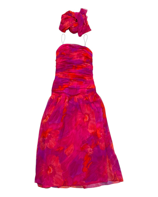 Vintage Pink and Orange Floral Maxi Dress with Scarf