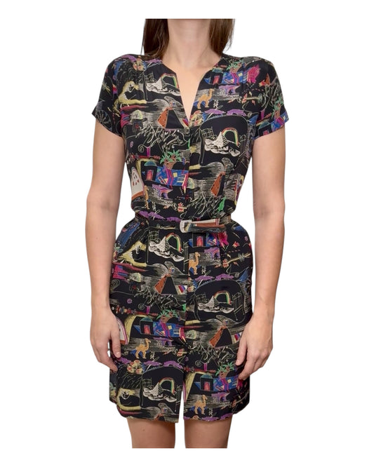 Vintage Henri Bendel Silk Patterned Shirt Dress with Belt
