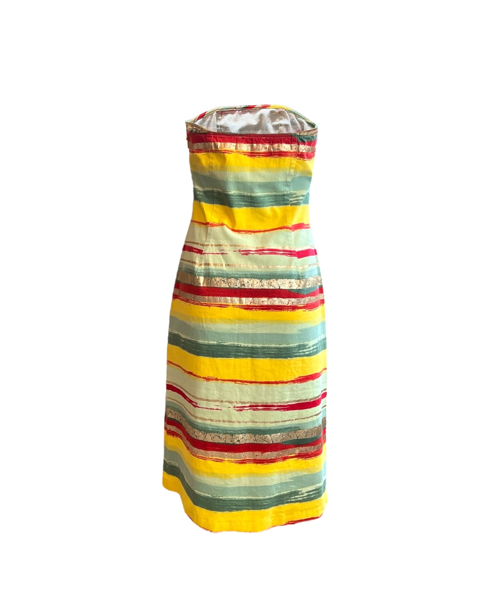 Vintage 1990 Moschino Jeans Yellow, Green, Red and Gold Abstract Striped Denim Dress. Stripes appear painted on. dress is strapless.