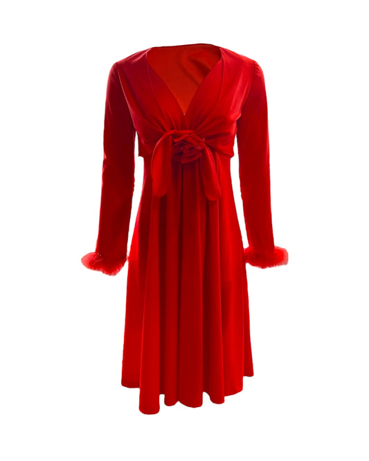 Vintage Mini Red Dress Set with a Rose Pin and Feather Trim. 