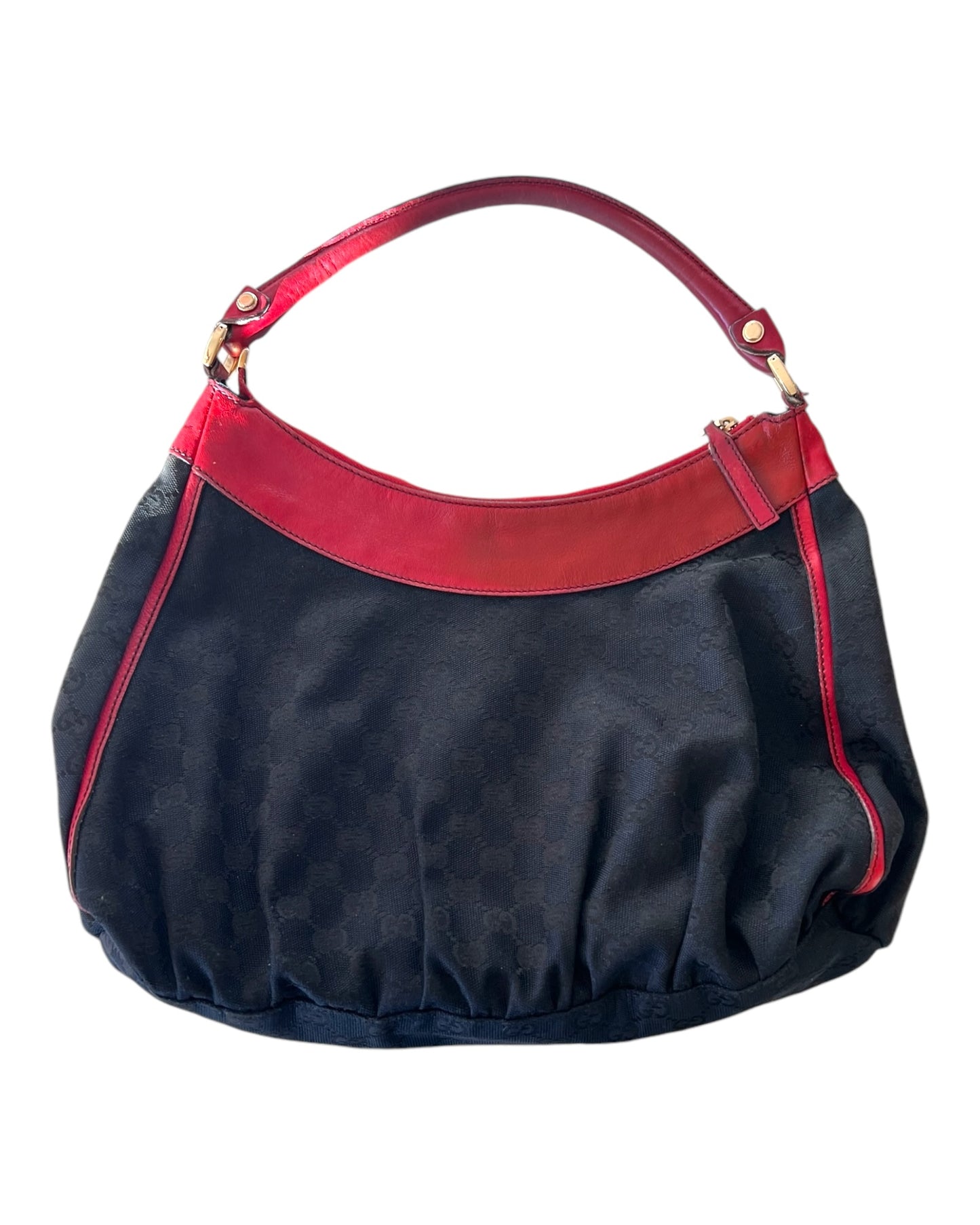 Vintage Gucci Red and Black Logo Abbey Tote Bag. Bag Features a black canvas body with the GG Logo throughout and red leather trim with metal hardware. 