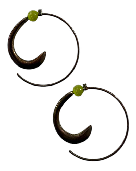 Vintage Bronze Hoop Earrings with Green Bead