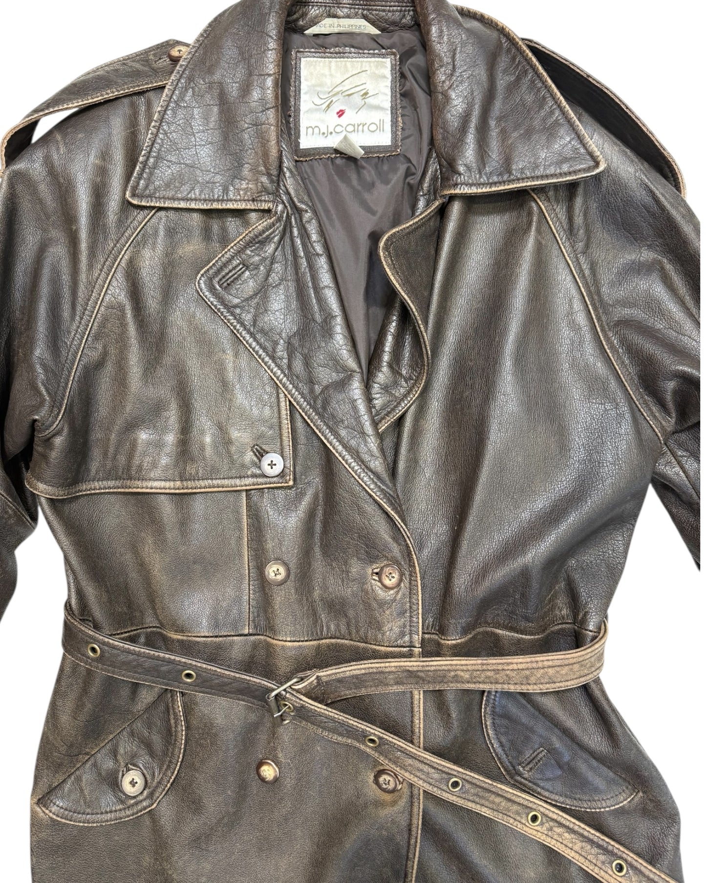 Vintage M.J. Carroll Oversized Brown Leather Trench Coat