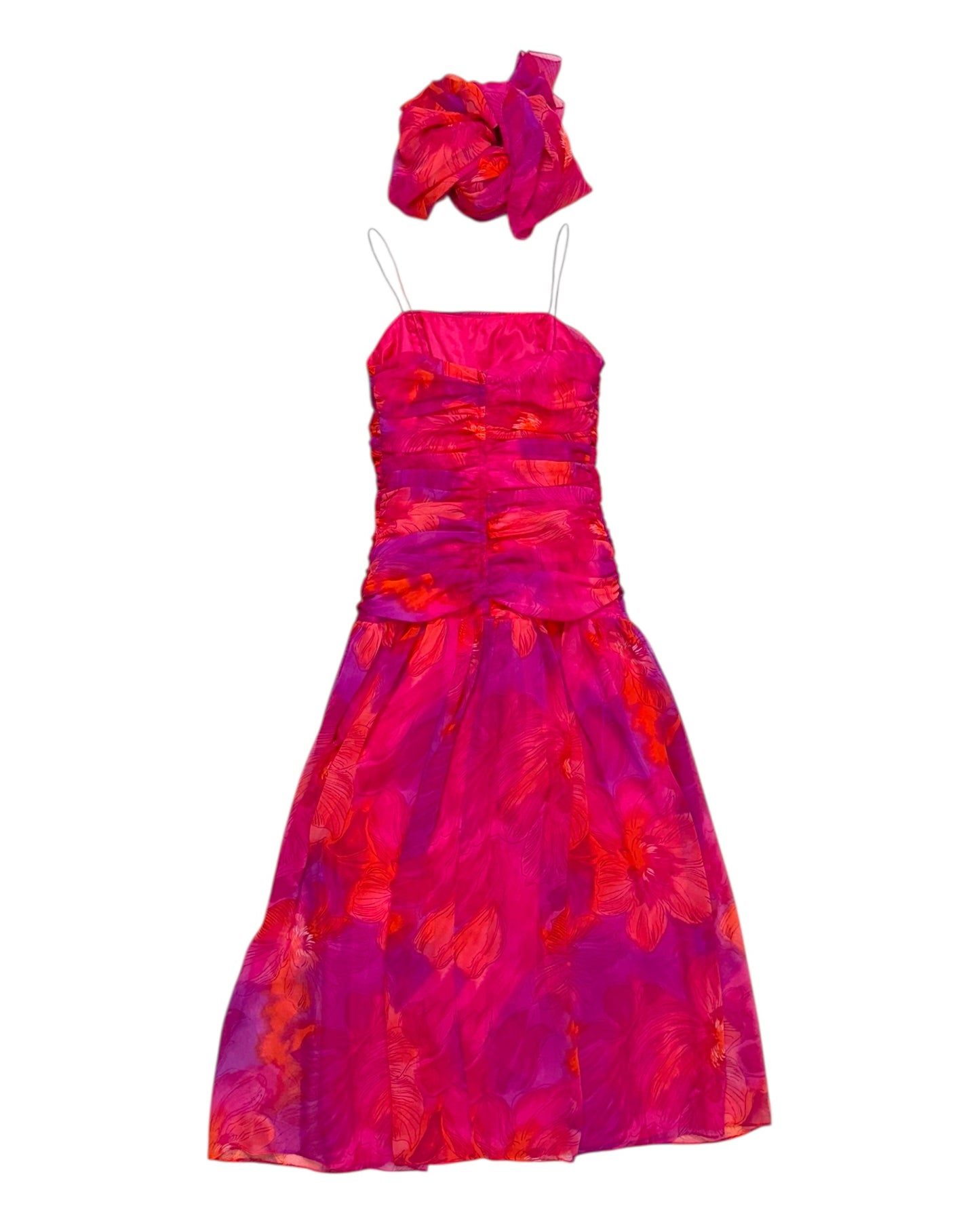 Vintage Pink and Orange Floral Maxi Dress with Scarf