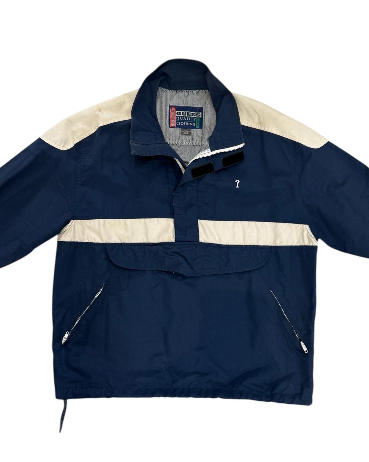 Vintage Guess Beige and Navy Quarter-Zip Windbreaker Jacket