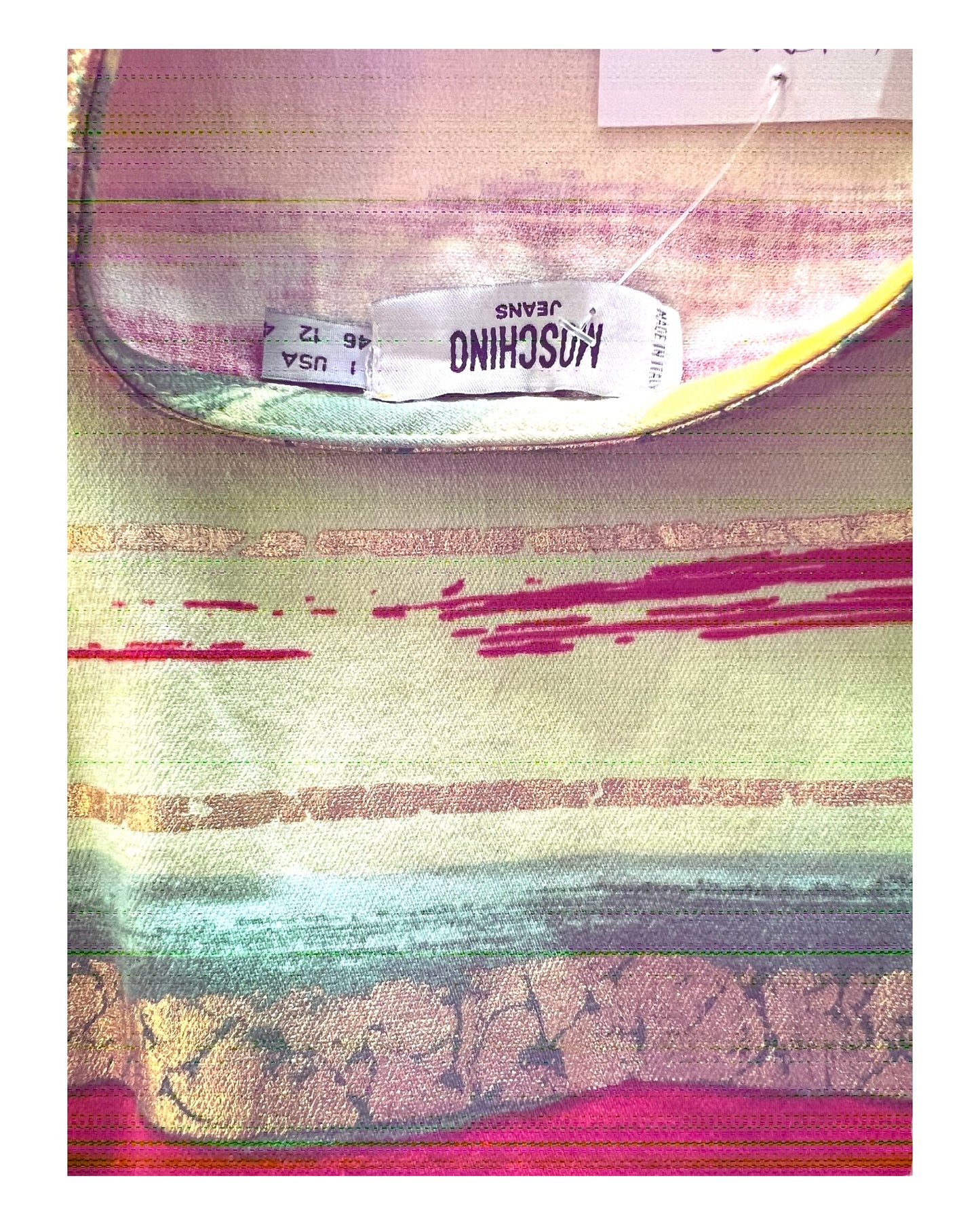 Vintage 1990 Moschino Jeans Yellow, Green, Red and Gold Abstract Striped Denim Dress. Stripes appear painted on. dress is strapless.