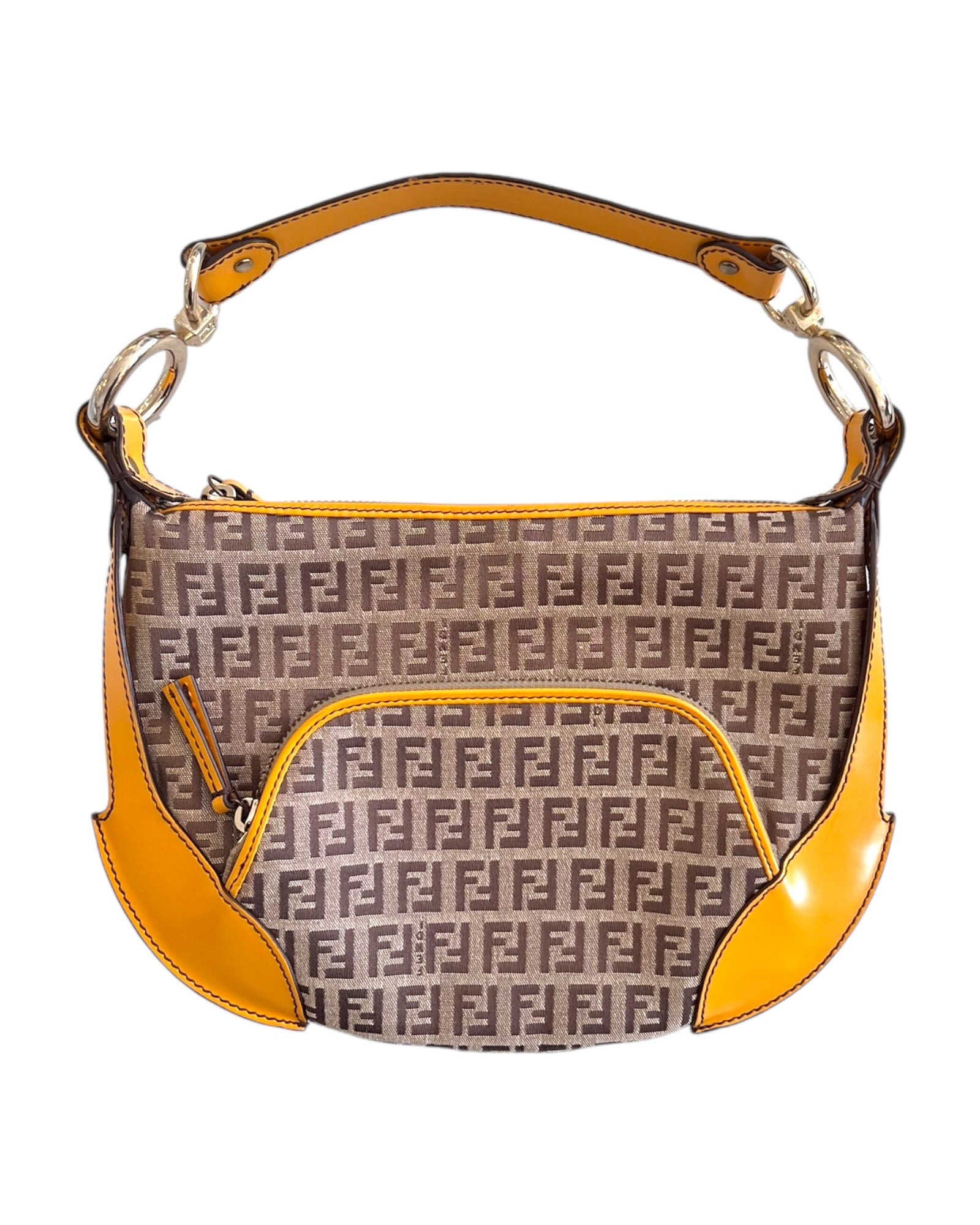 Vintage Fendi Logo Croissant Bag with yellow leather trim and silver-tone metal "FENDI" charm.