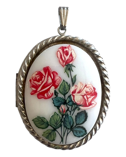 Vintage White Rose Print Silver Locket 