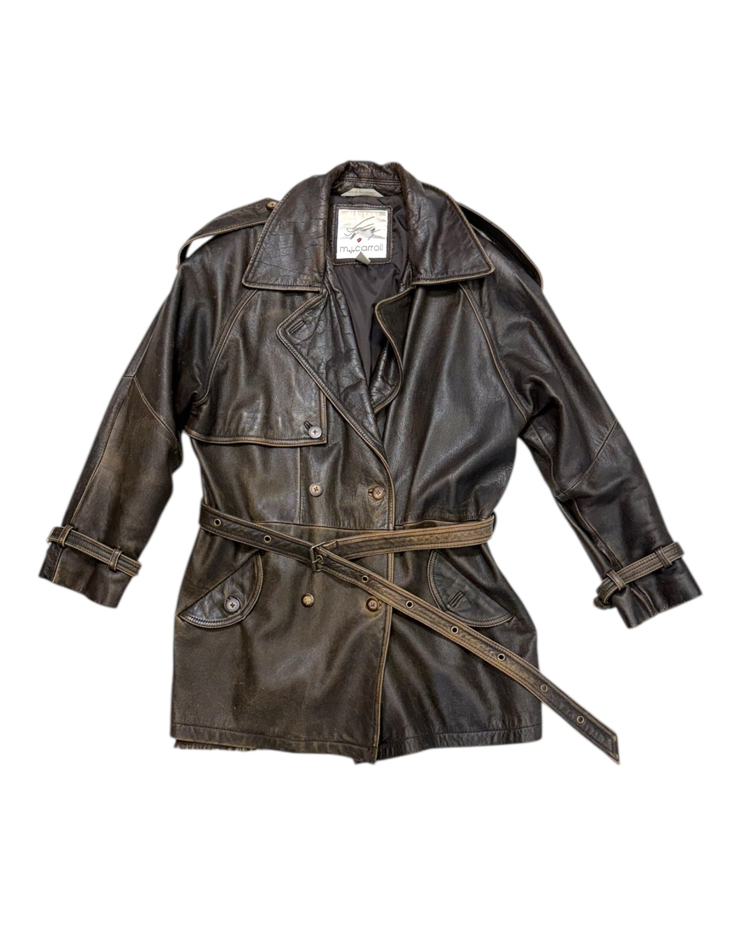 Vintage M.J. Carroll Oversized Brown Leather Trench Coat