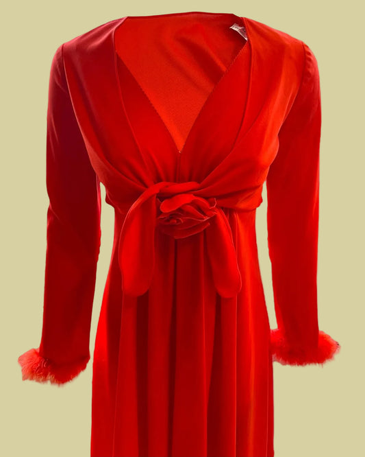 Vintage Mini Red Dress Set with a Rose Pin and Feather Trim