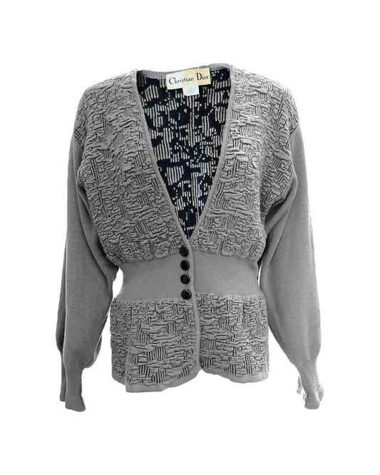 Vintage Christian Dior Grey Knit Cardigan Sweater with black buttons and a deep v-neck. 