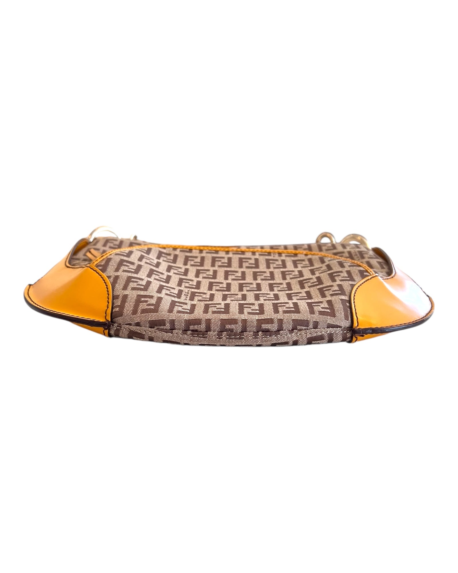 Vintage Fendi Logo Croissant Bag with yellow leather trim and silver-tone metal "FENDI" charm.