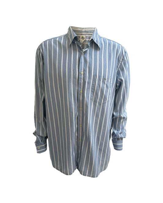 Vintage Lacoste Blue and White Stripe Button-Up Top