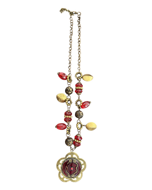 Vintage Red and Brass Long Pendant Necklace