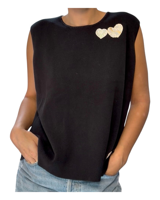 Vintage Black Knit Tank Top with Sequin Hearts