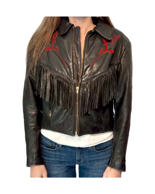 Vintage Black Leather Jacket with Fringe