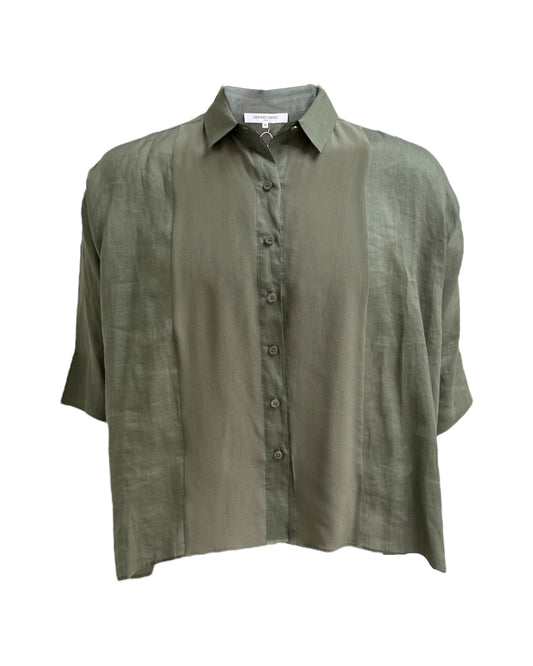 Vintage Gerard Darel Sheer Olive Green Short-Sleeve Button-Up Silk Shirt