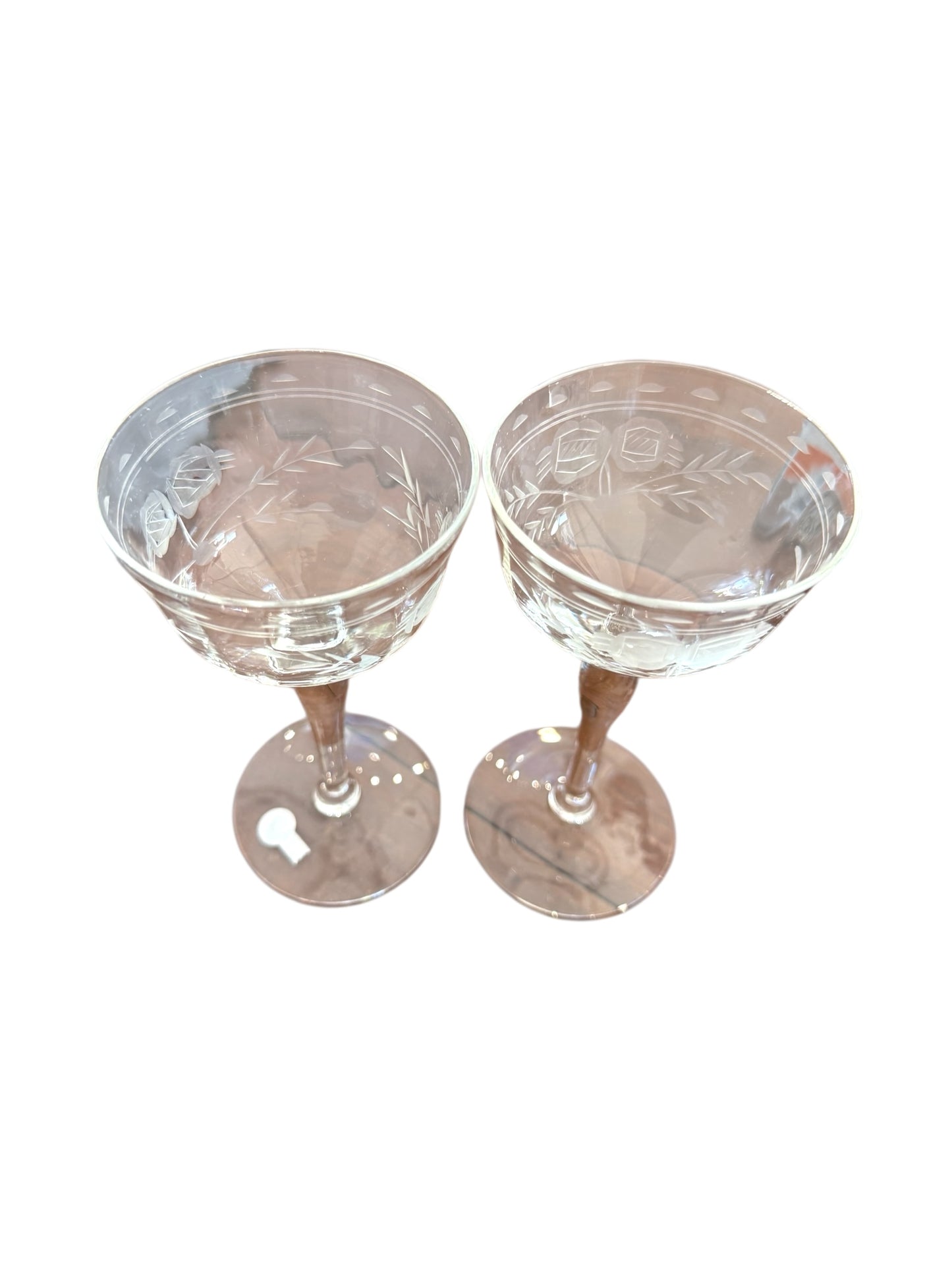 Vintage Etched Glass Small Coup Crystal Glasses