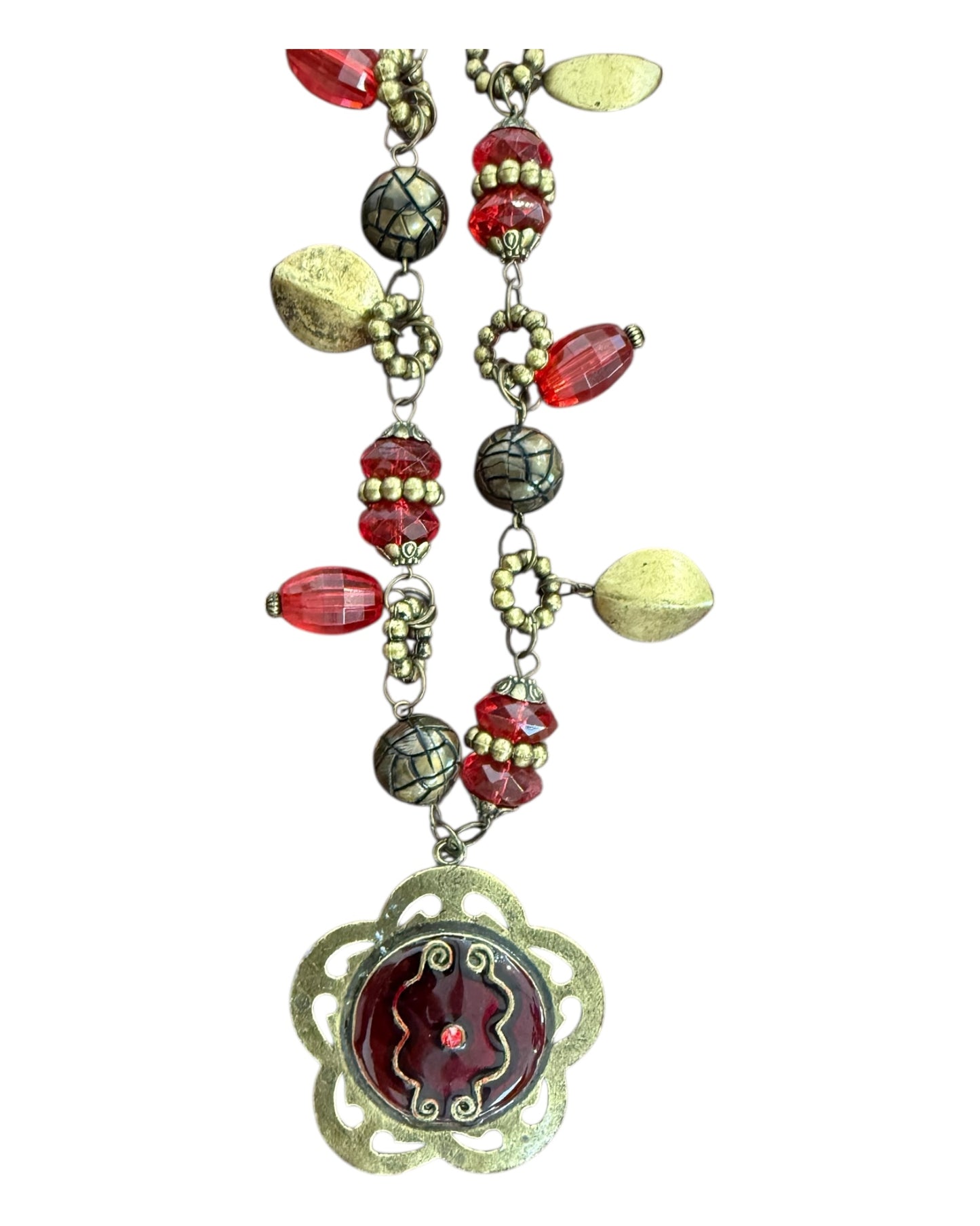 Vintage Red and Brass Long Pendant Necklace