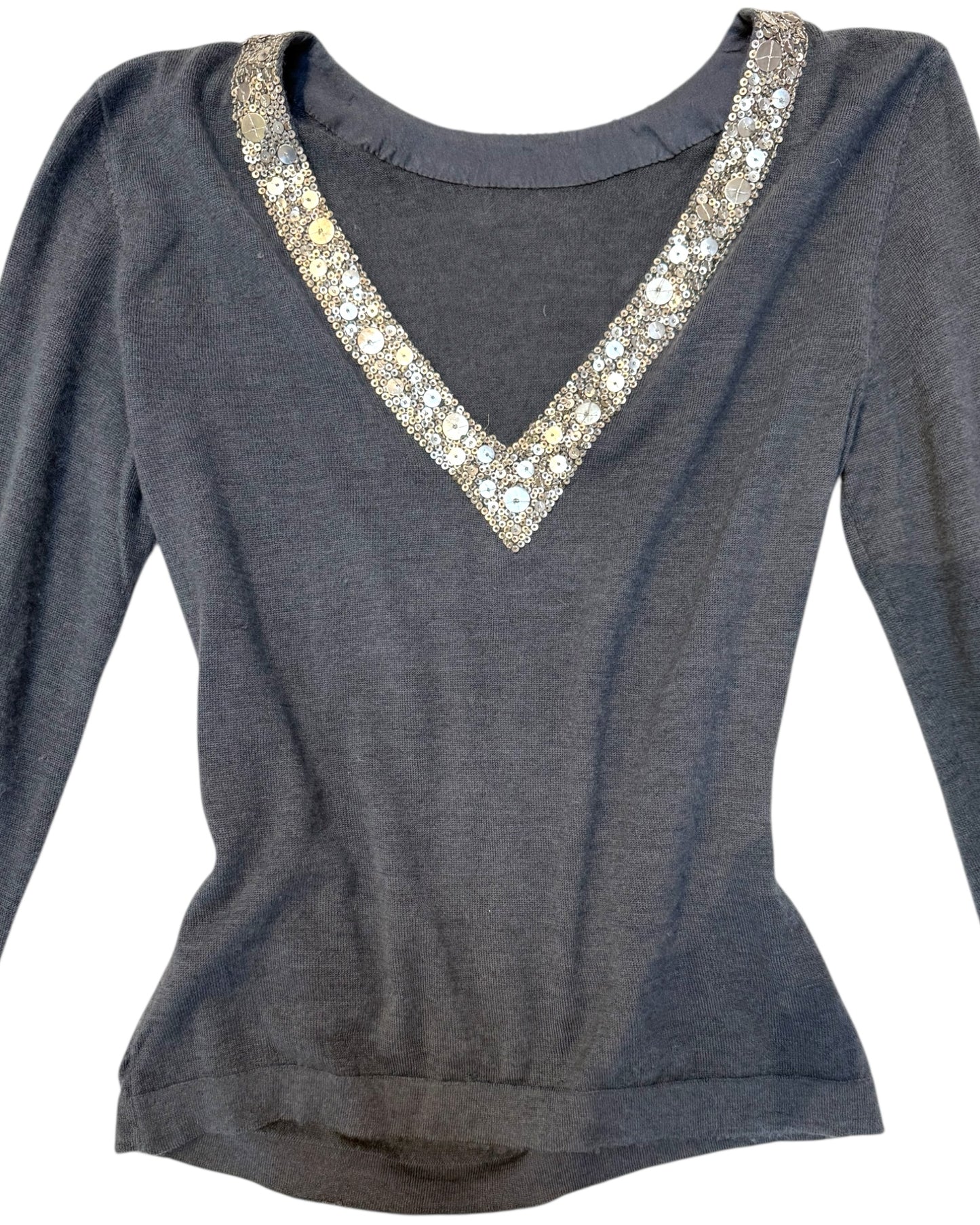 Vintage Cashmere V-Neck Sweater with Sequin Collar
