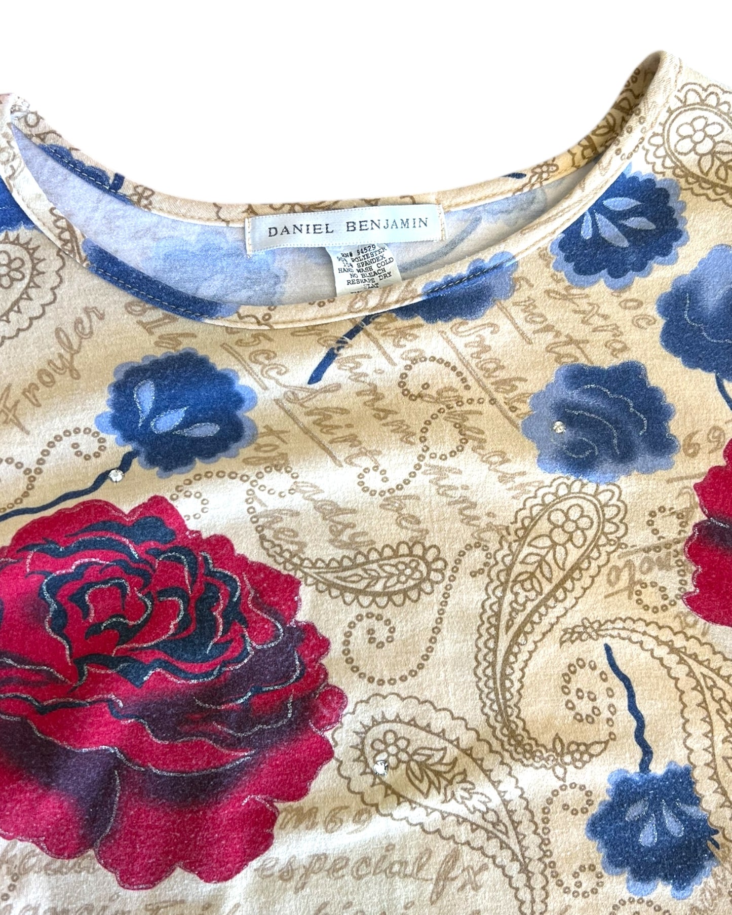 Vintage Daniel Benjamin Tan Rhinestones and Roses Top. Image depicts brand tag.