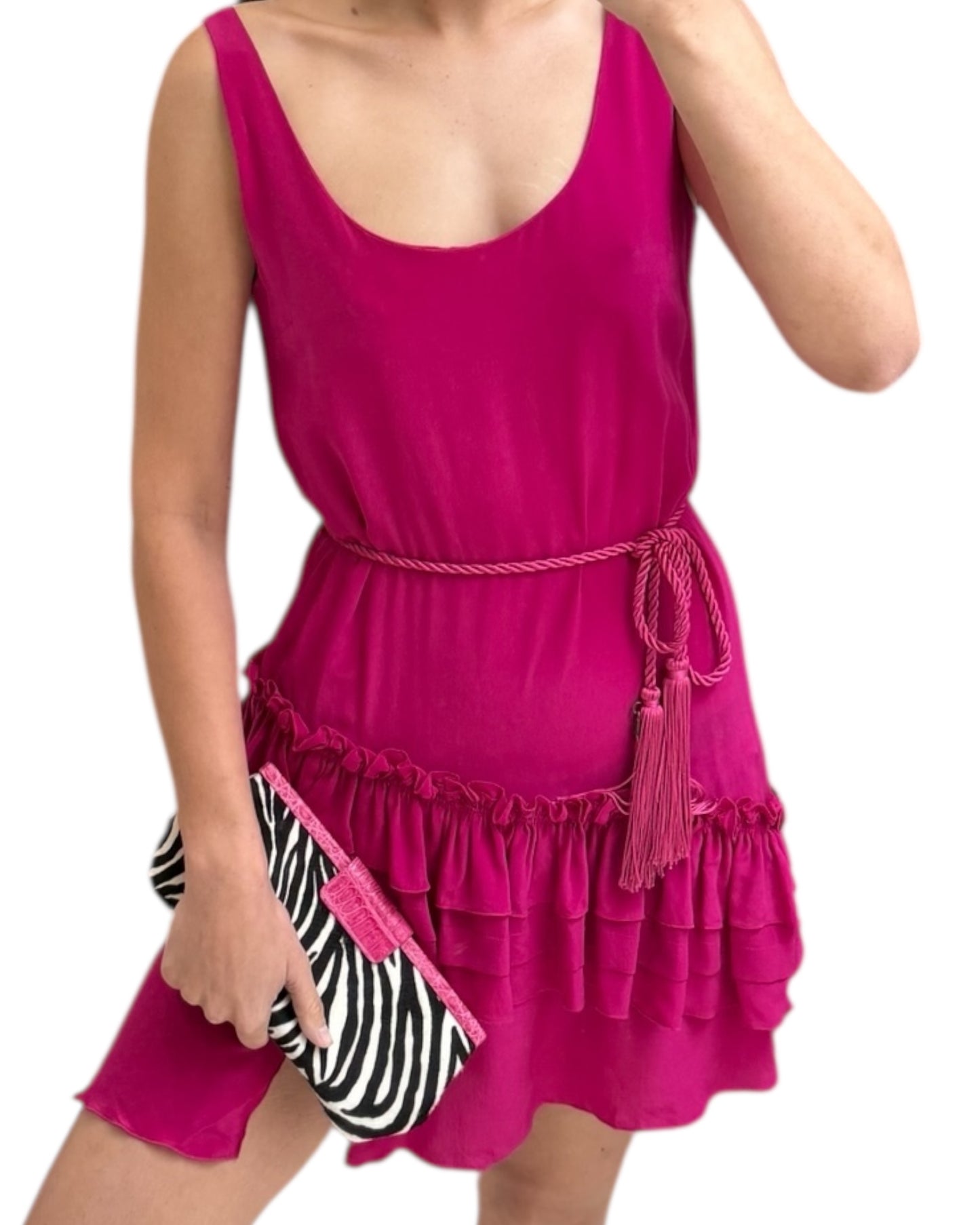 Vintage 2007 Galliano Pink Silk Ruffle Dress with Tassel Belt