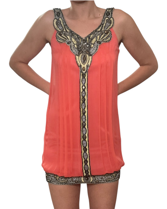 Vintage Sue Wong Silk Pleated Peach Embellished Mini Dress