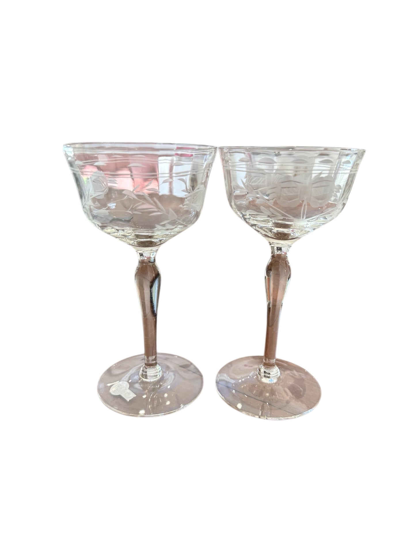 Vintage Etched Glass Small Coup Crystal Glasses