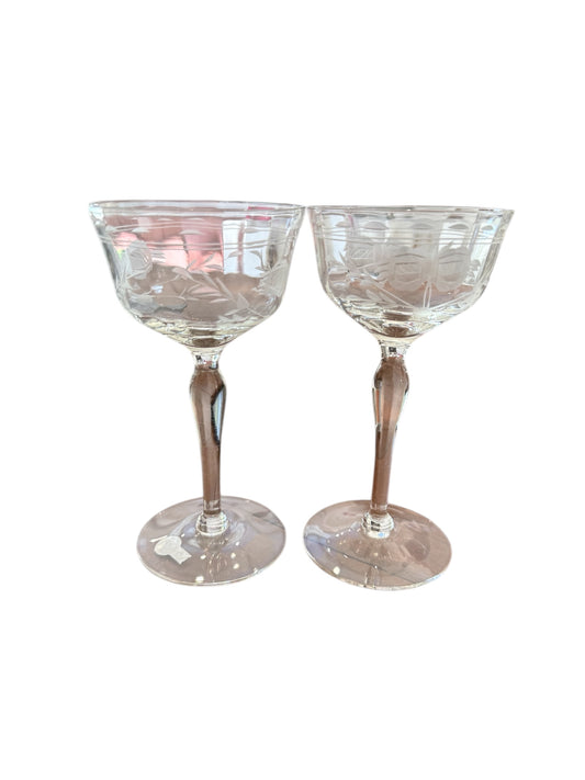 Vintage Etched Glass Small Coup Crystal Glasses