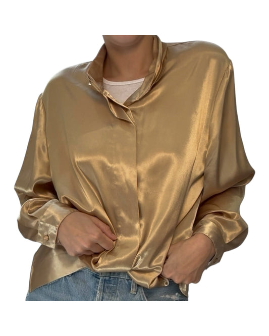 Vintage Silky Button-Up Blouse with Shoulder Pads