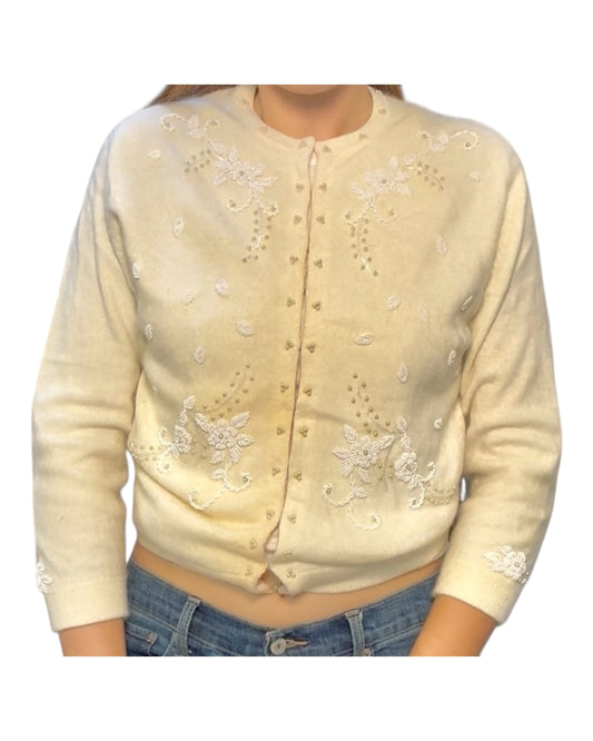 Vintage White Beaded Cardigan Sweater