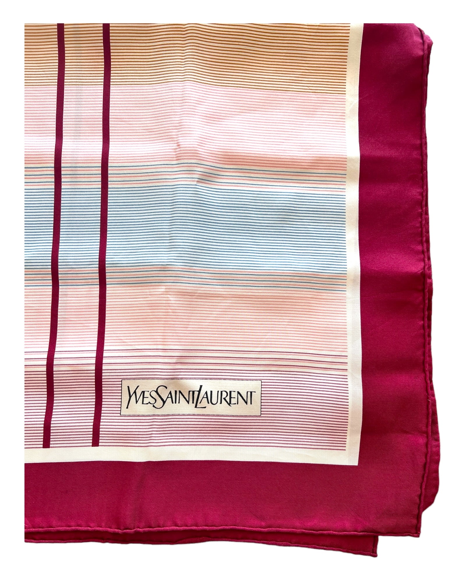 Vintage Yves Saint Laurent Pink Multicolor Plaid Silk Scarf. colors are maroon, pink, blue, beige, grey and white. 