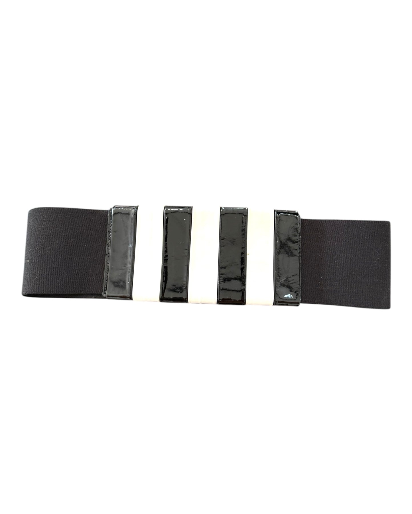 Vintage Patent Leather Black and White Stripe Elastic Waist Belt