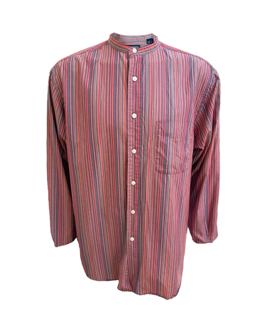 Pre-Loved Collarless Pink and Blue Striped Button-Up Top