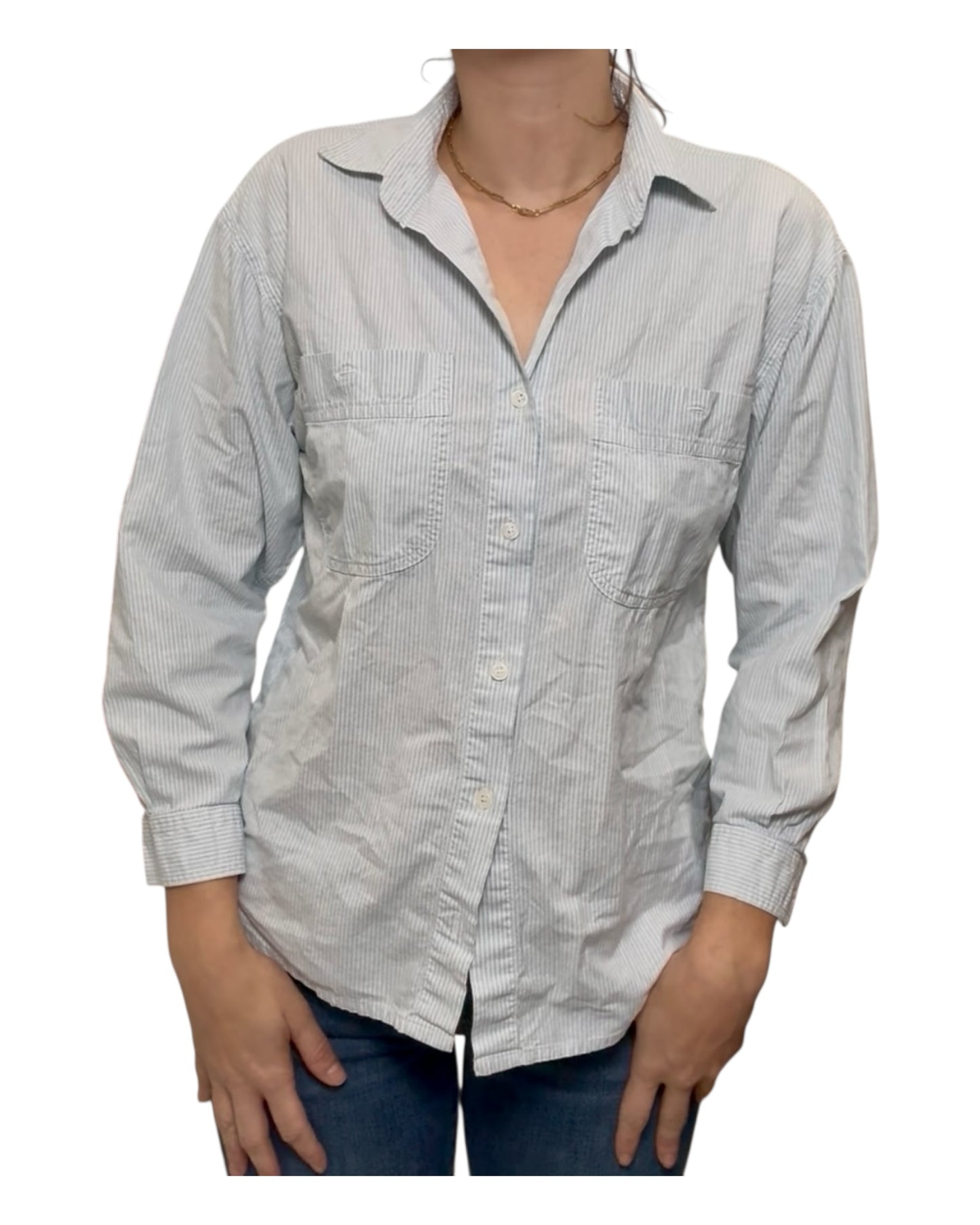 Vintage Blue and White Stripe Button-Up Blouse