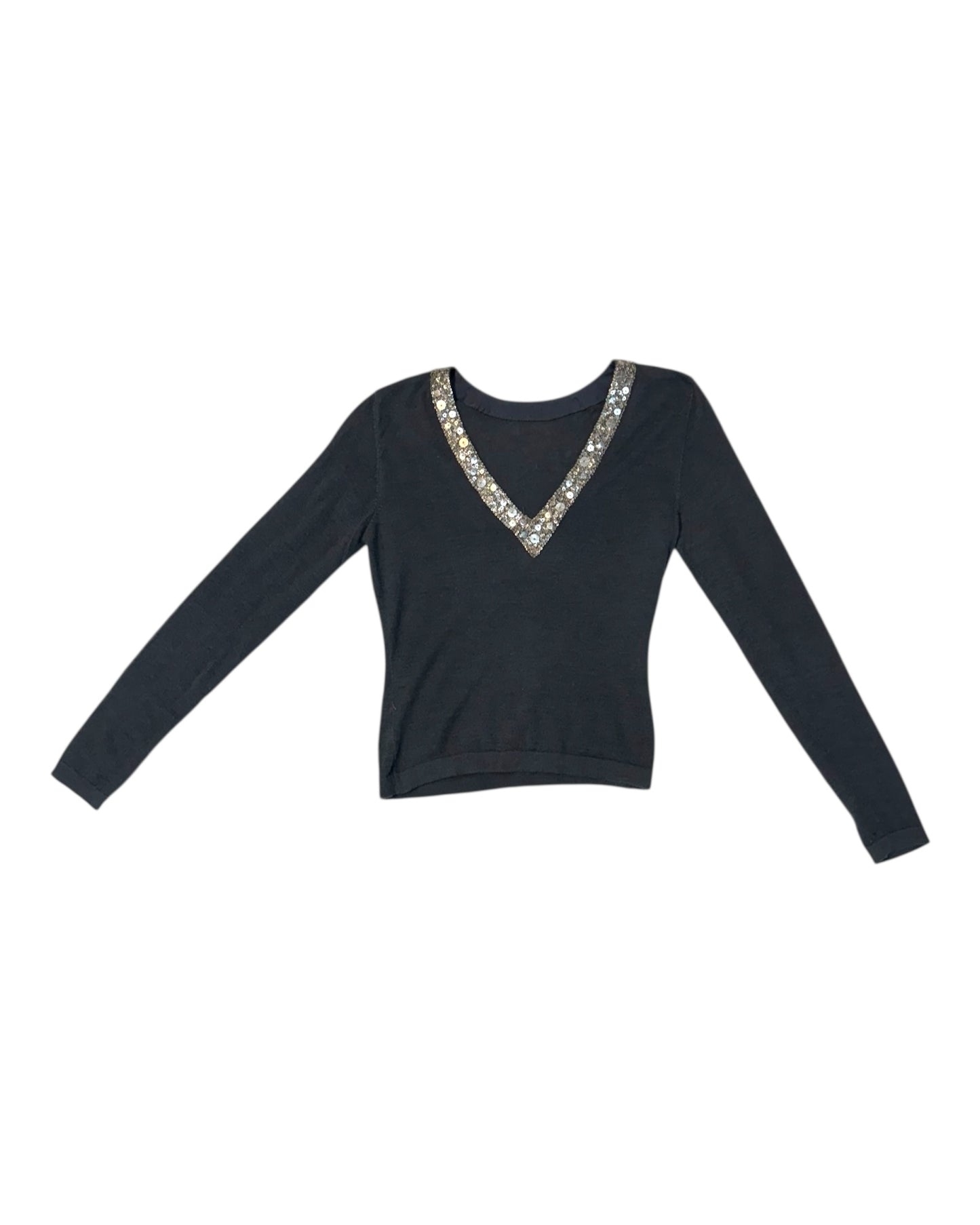 Vintage Cashmere V-Neck Sweater with Sequin Collar