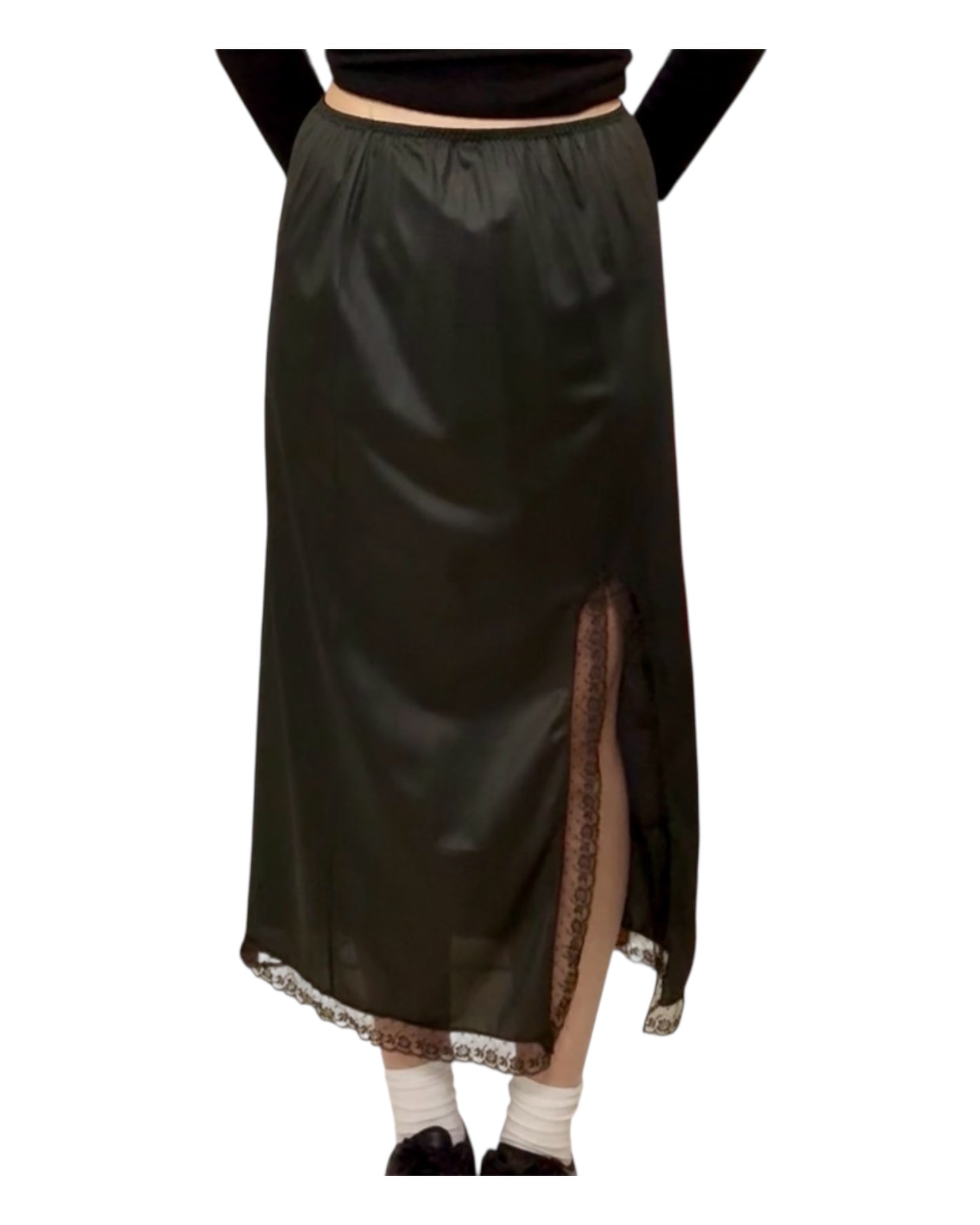 Vintage Long Black Lacey Slip Skirt with Slit