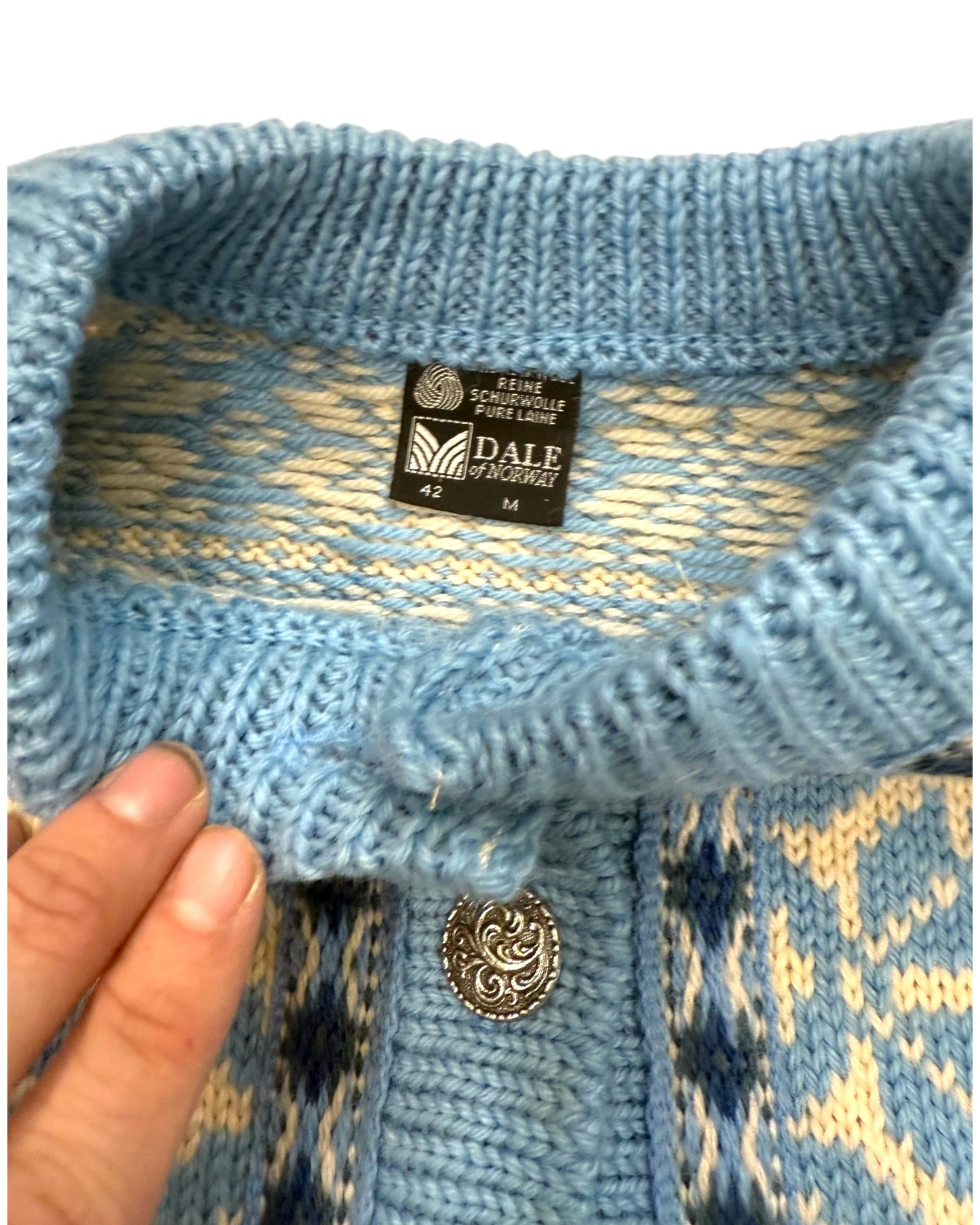 Vintage Dale Of Norway Blue and White Wool Cardigan Sweater