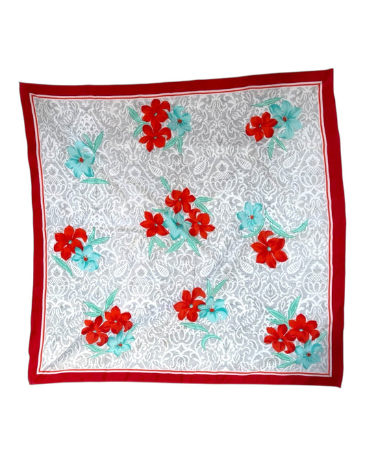 Vintage Grey, Red, and Turquoise Floral Scarf