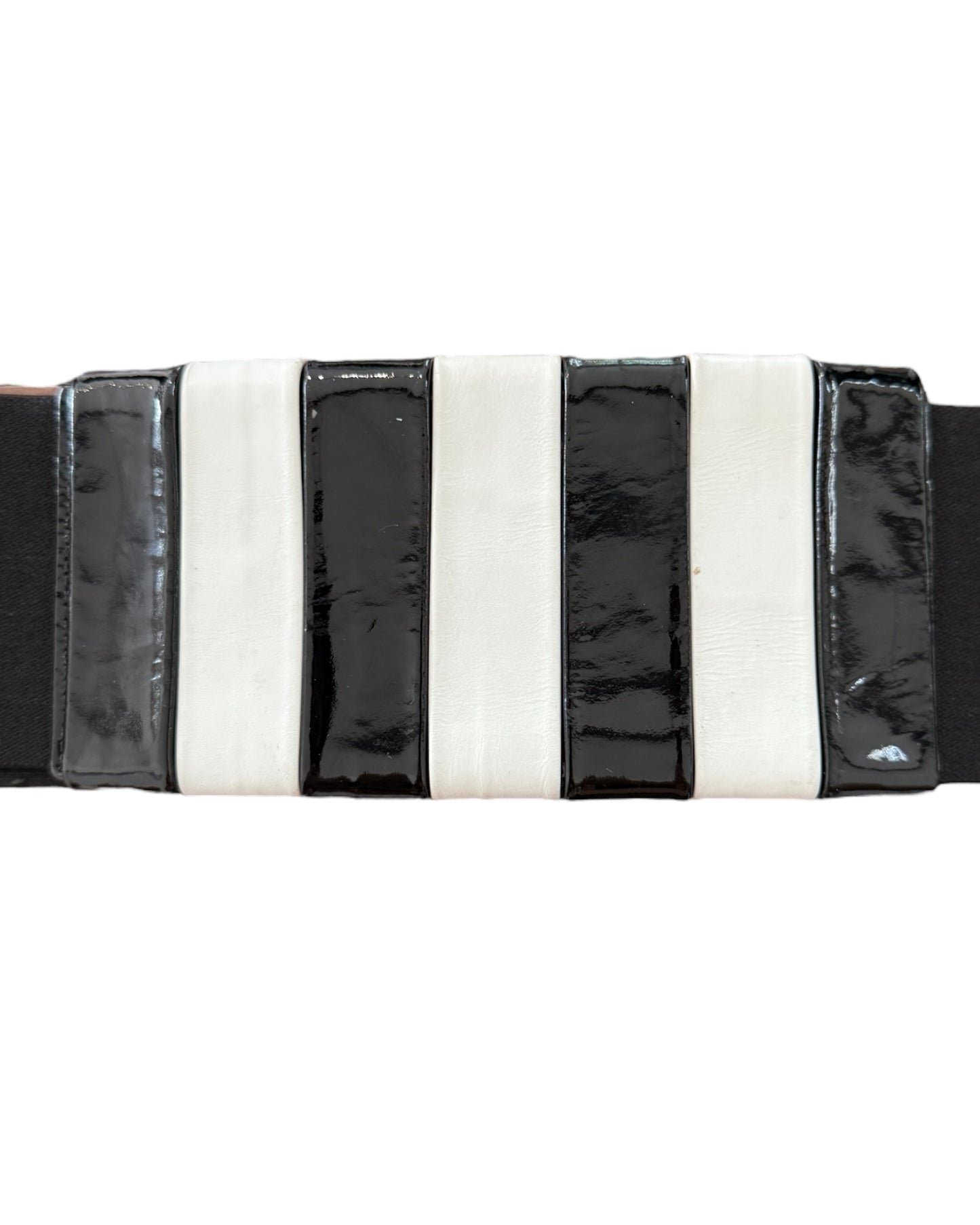 Vintage Patent Leather Black and White Stripe Elastic Waist Belt