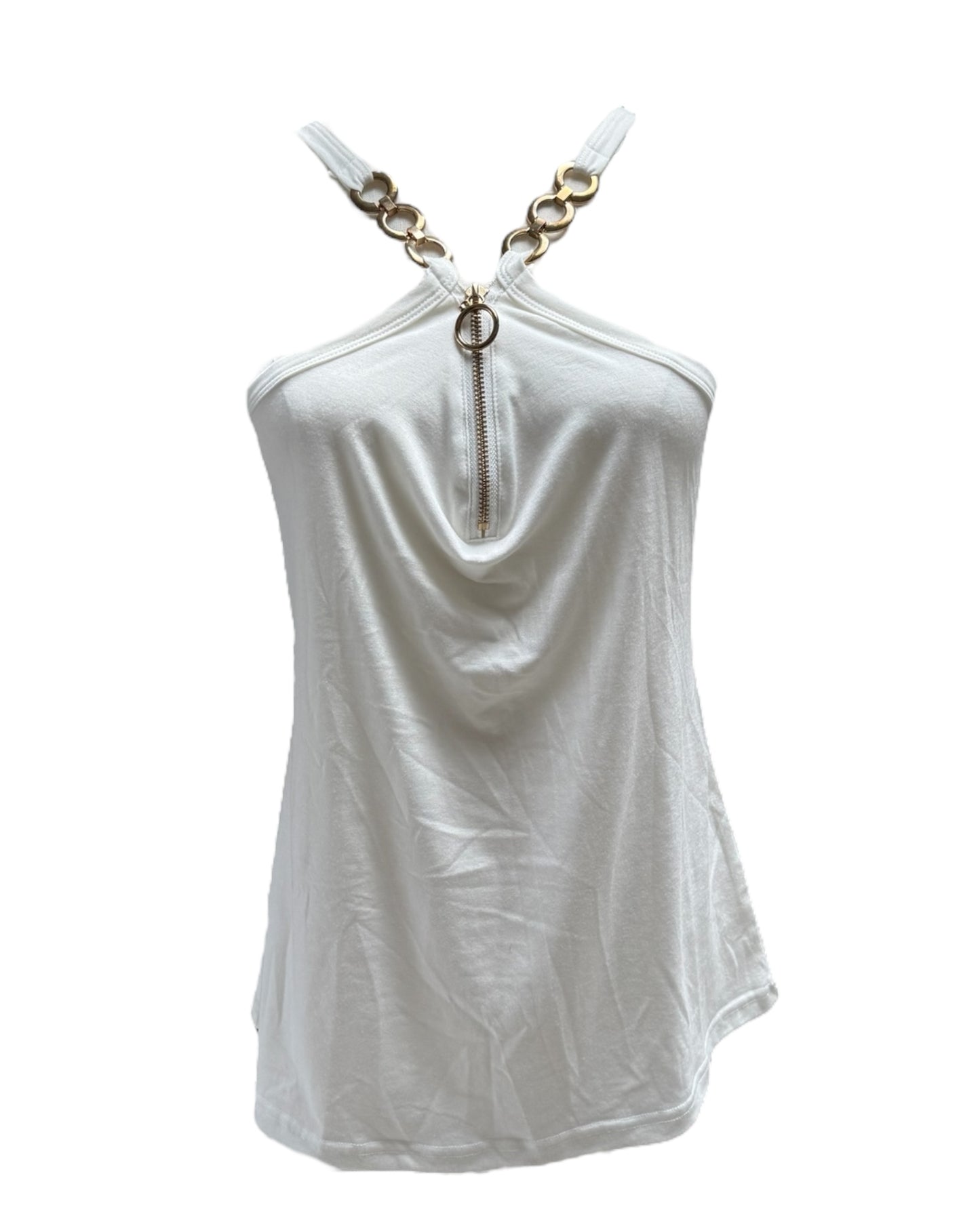 Vintage 2000s White and Gold Zipper and Chain Halter Top