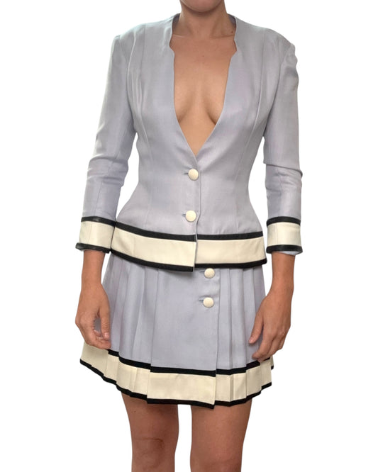 Vintage Baby Blue Silk and Leather Skirt Suit